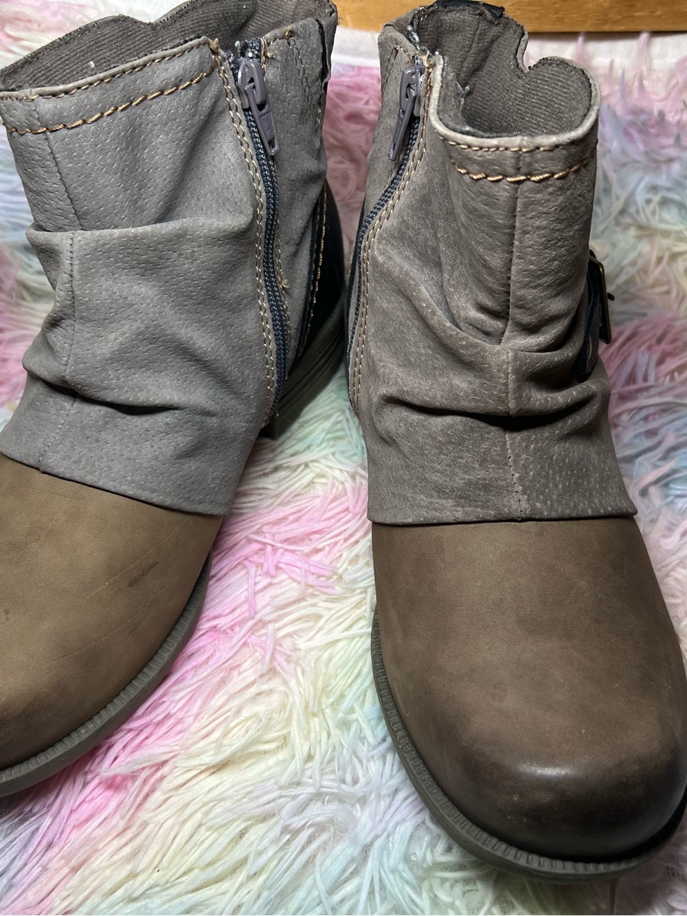 Origins Taupe and Gray Slouchy Ankle Boots